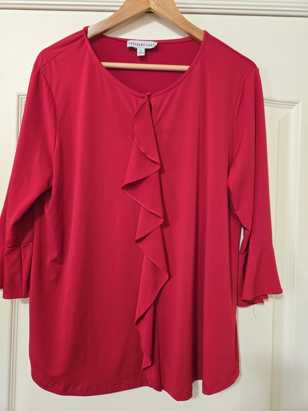 Southern Lady Deep Red Cascade-Ruffle Blouse